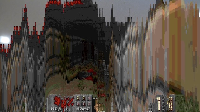 A frame captured mid-melt: Doom dissolving downward in vertical columns, the status bar breaking apart, with the camera view of the ceiling showing through the gaps.