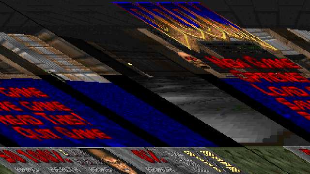 The Doom menu and E1M1 sheared diagonally across the camera frame, each row offset further sideways than the one above it.