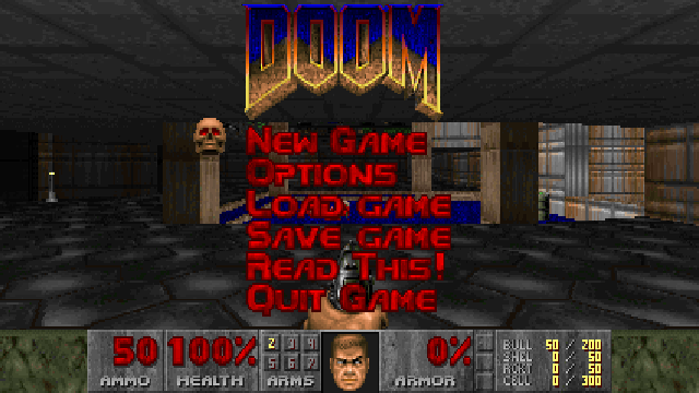 The same Doom menu rendering correctly over E1M1, full width, status bar in place.